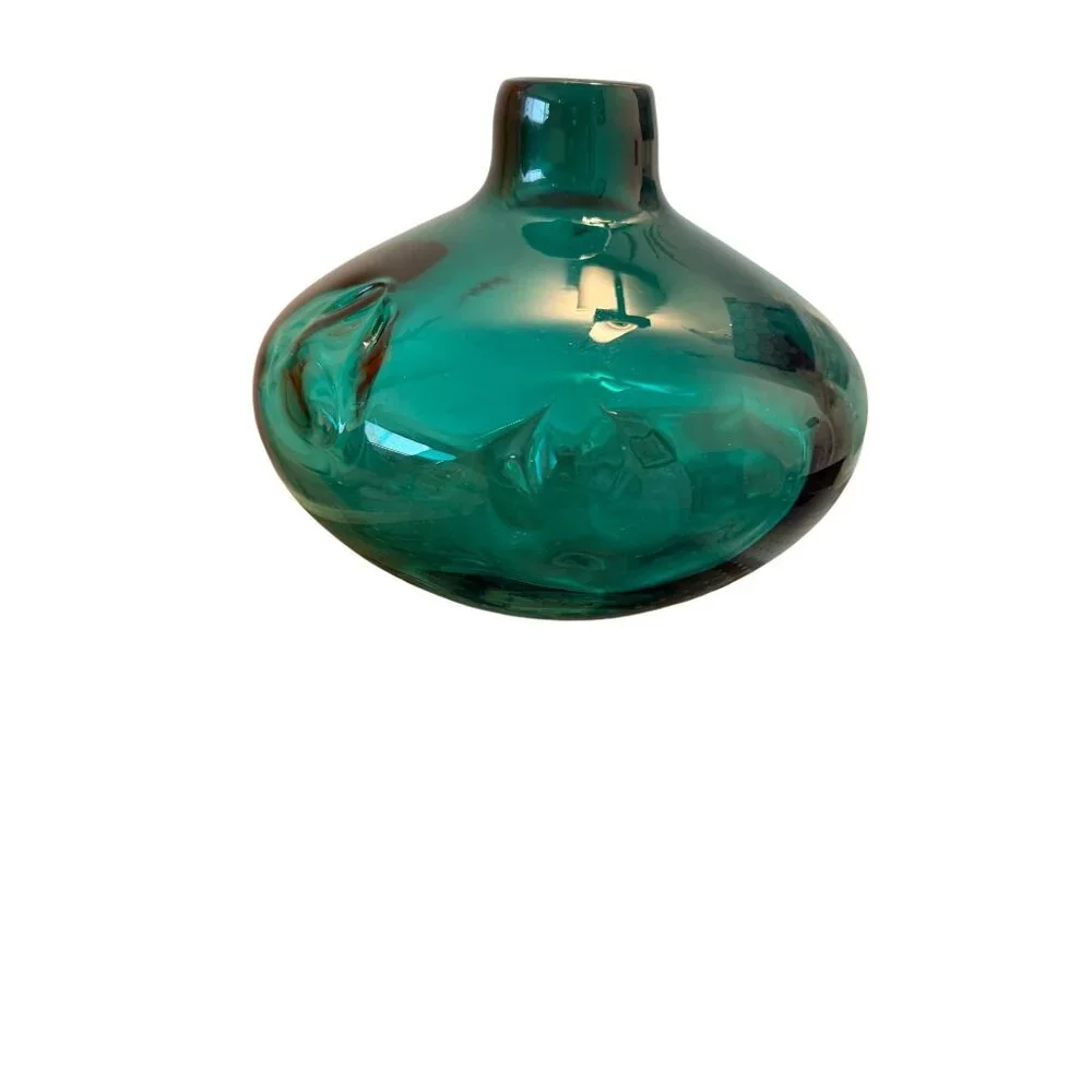 Hand Blown Mid-century Modern Art Heavy  Glass Pinched Vase Green Collectible